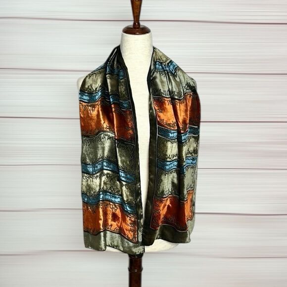 Silk Velvet Oblong Scarf Embroidered Burnt Orange Olive Green Black Lining - Picture 3 of 10